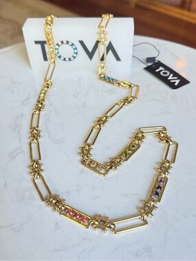 Tova Long or wear double Gold Link Necklace with multi stones